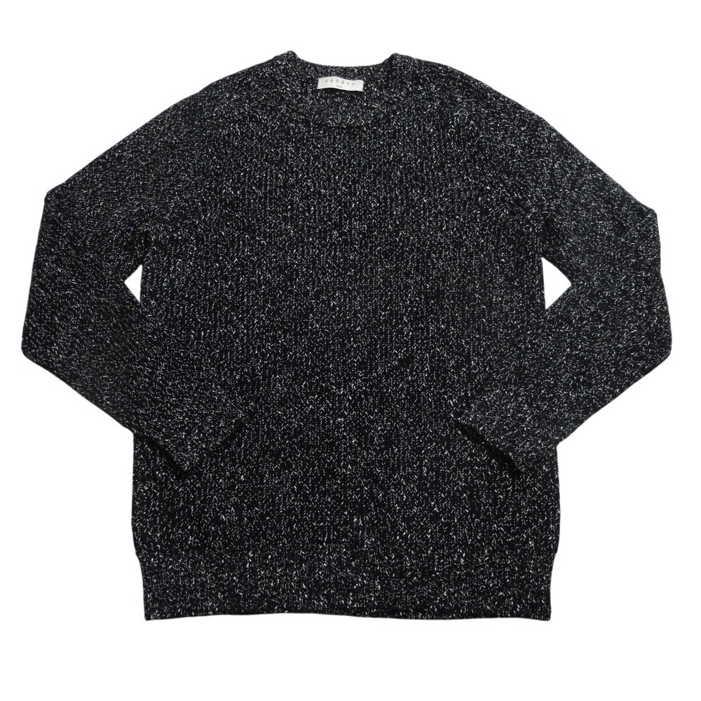 Sandro Paris Speckled Knit Sweater Black White Long Sleeve Crew‎ Neck Women